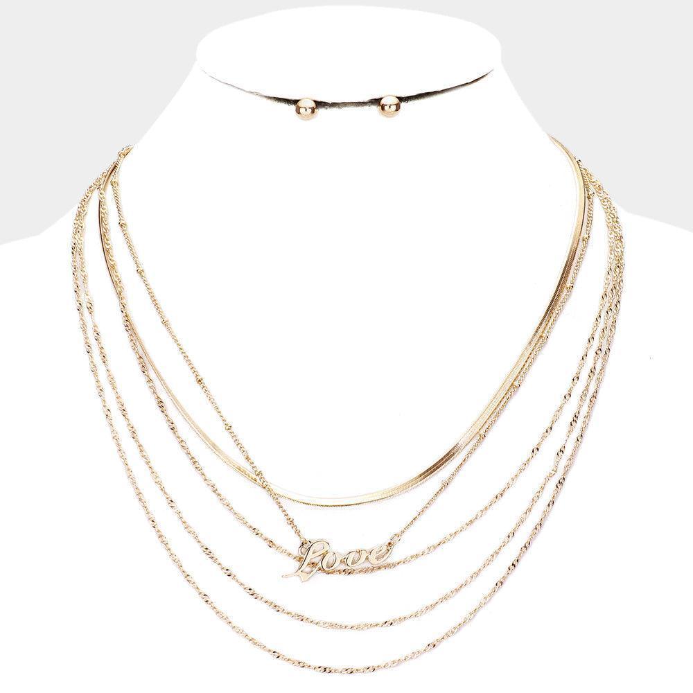Gold Love Pendant Multi Layered Metal Chain Bib Message Necklace - Jewelry Store by Erik Rayo