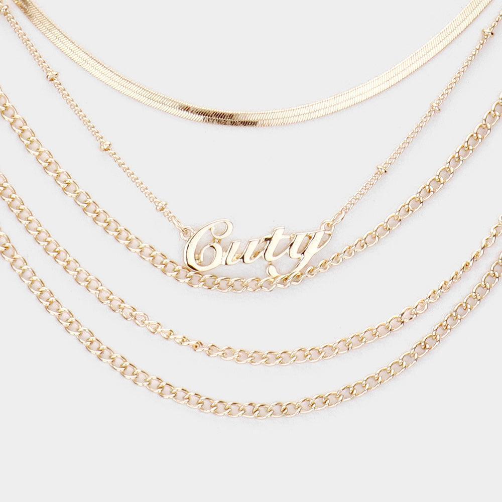Gold Cuty Pendant Multi Layered Metal Chain Bib Message Necklace - Jewelry Store by Erik Rayo