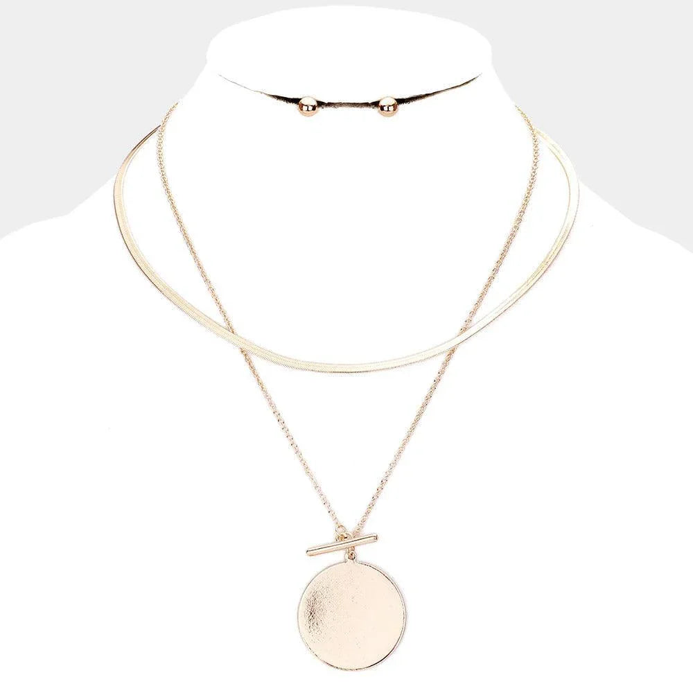 Gold Metal Disc Pendant Double Layered Necklace - Jewelry Store by Erik Rayo