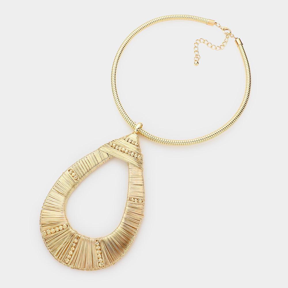 Gold Oversized Metal Wire Wrapped Teardrop Pendant Choker Necklace - Jewelry Store by Erik Rayo