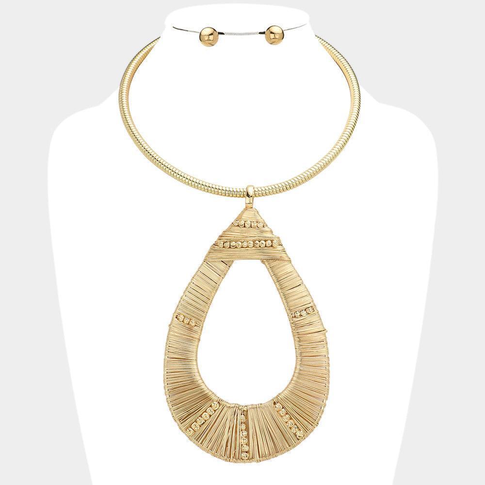Gold Oversized Metal Wire Wrapped Teardrop Pendant Choker Necklace - Jewelry Store by Erik Rayo