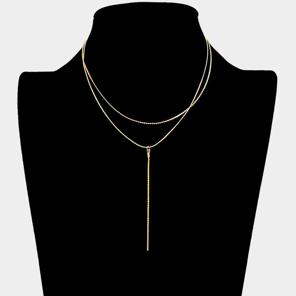 Gold Dropped Metal Chain Double Layered Y Necklace