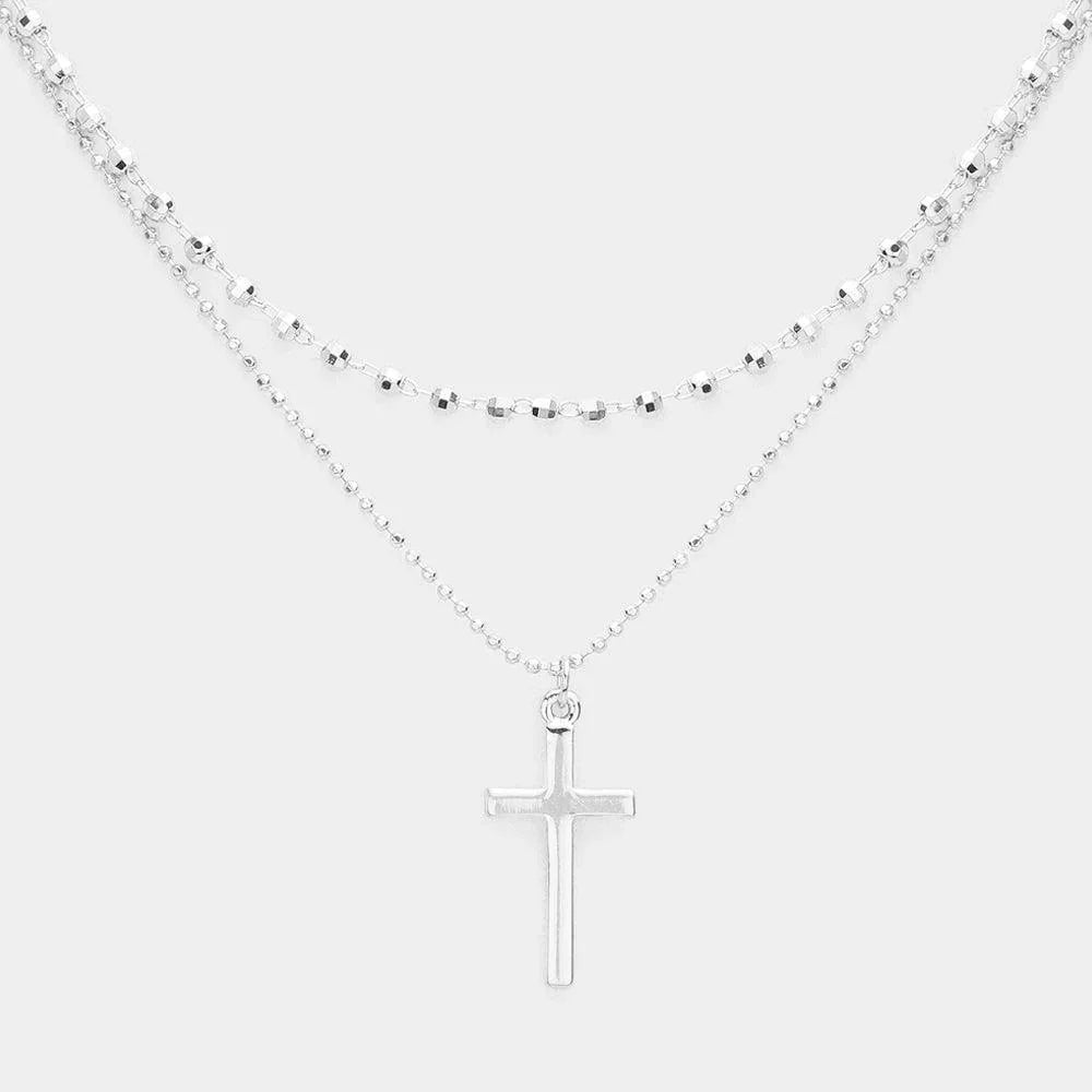 Silver Metal Cross Pendant Double Layered Necklace - Jewelry Store by Erik Rayo