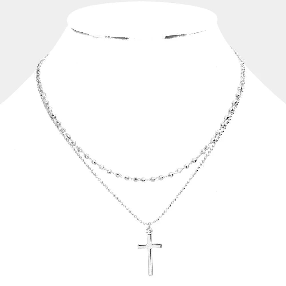 Silver Metal Cross Pendant Double Layered Necklace - Jewelry Store by Erik Rayo