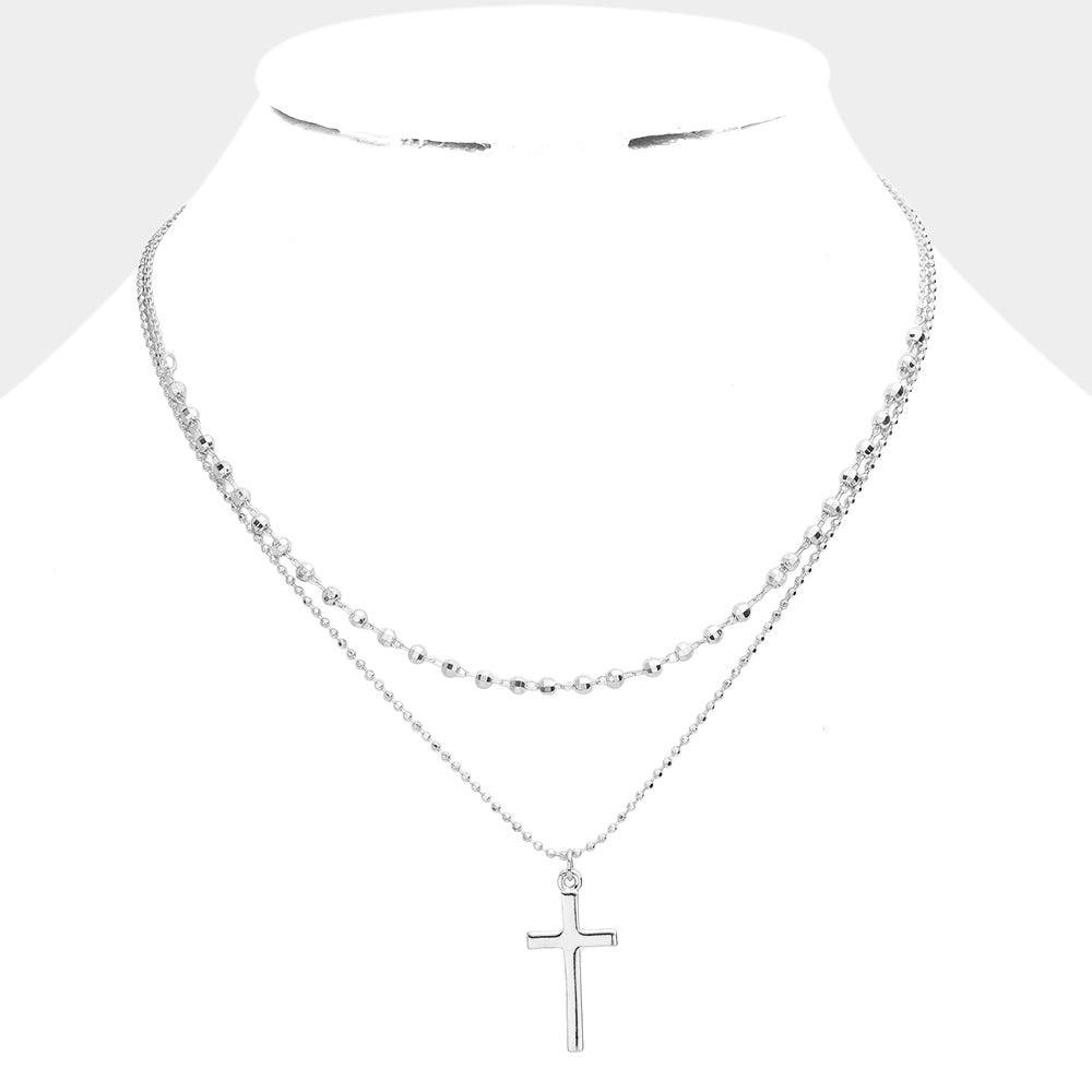 Silver Metal Cross Pendant Double Layered Necklace