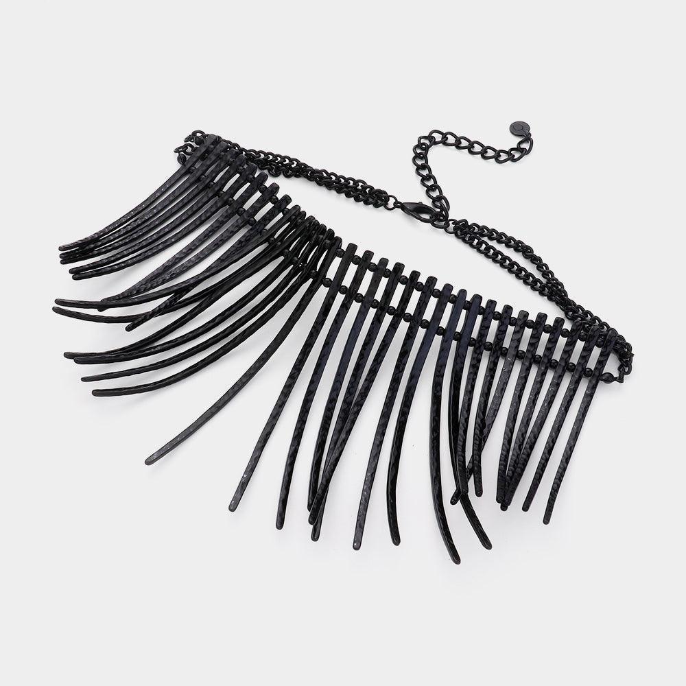 Black Curved metal bar fringe armor necklace - Jewelry Store by Erik Rayo