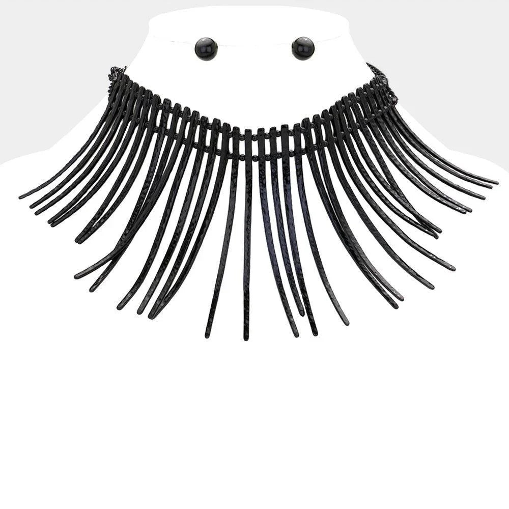 Black Curved metal bar fringe armor necklace - Jewelry Store by Erik Rayo