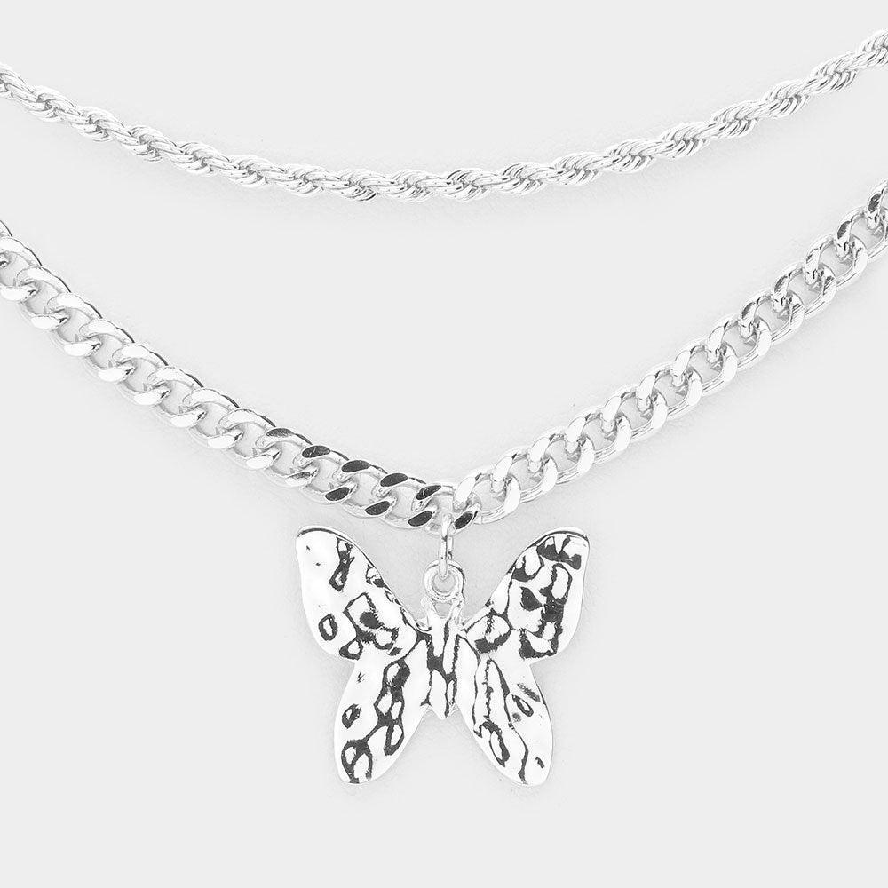 Hammered Metal Butterfly Pendant Double Layered Necklace - Jewelry Store by Erik Rayo