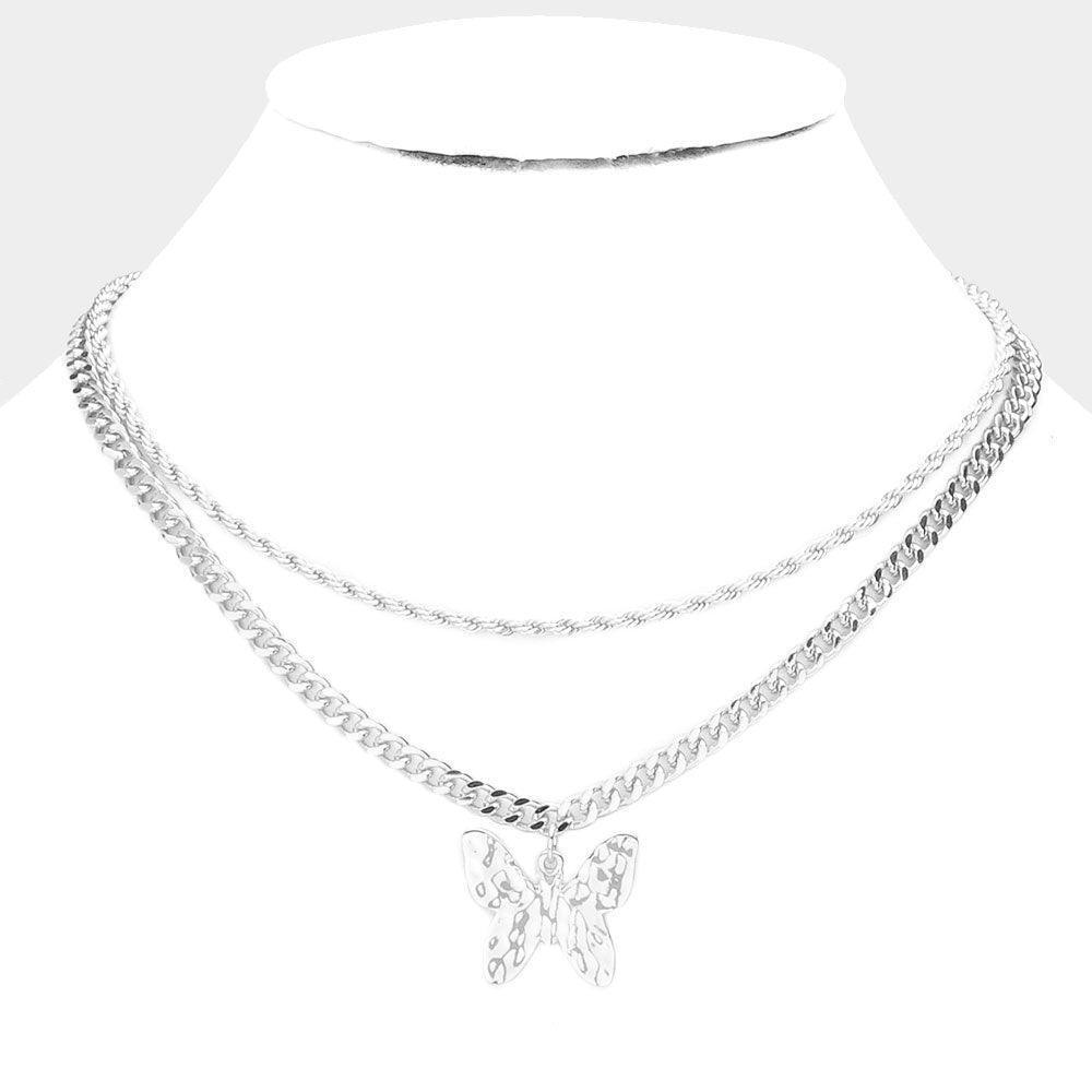 Hammered Metal Butterfly Pendant Double Layered Necklace - Jewelry Store by Erik Rayo