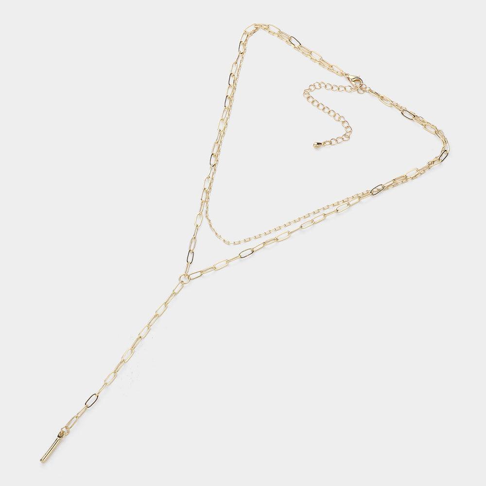 Gold Metal Bar Tip Paper Clip Chain Y Shape Double Layered Necklace - Jewelry Store by Erik Rayo