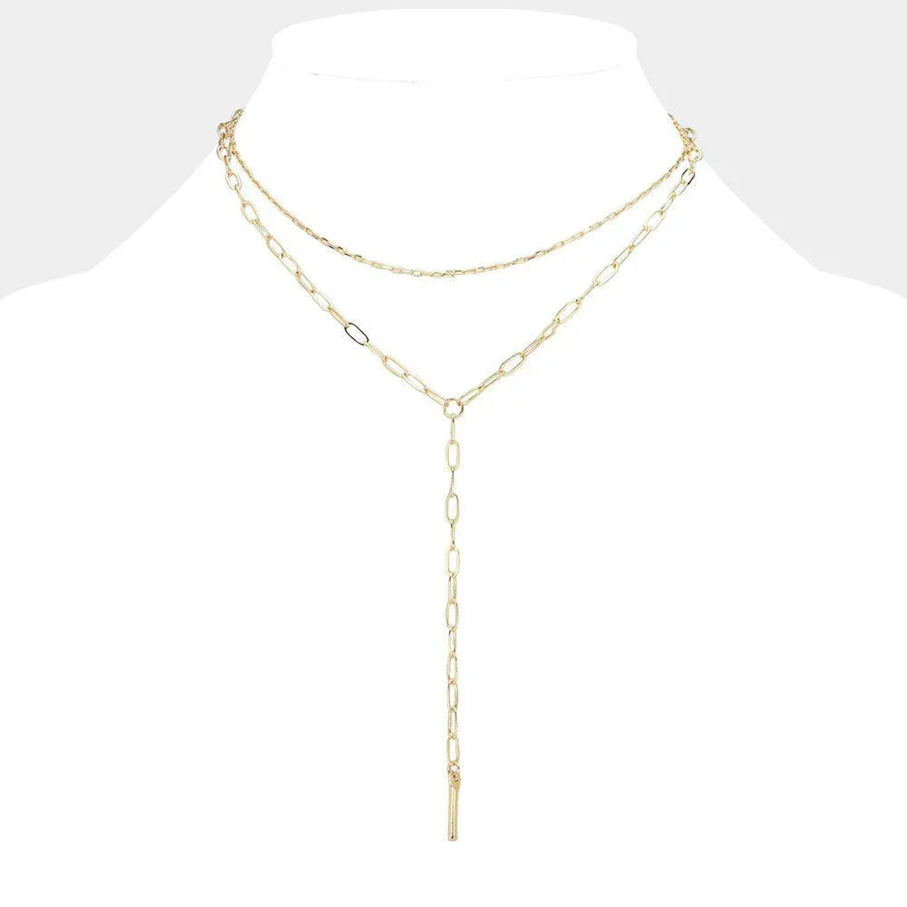 Gold Metal Bar Tip Paper Clip Chain Y Shape Double Layered Necklace - Jewelry Store by Erik Rayo