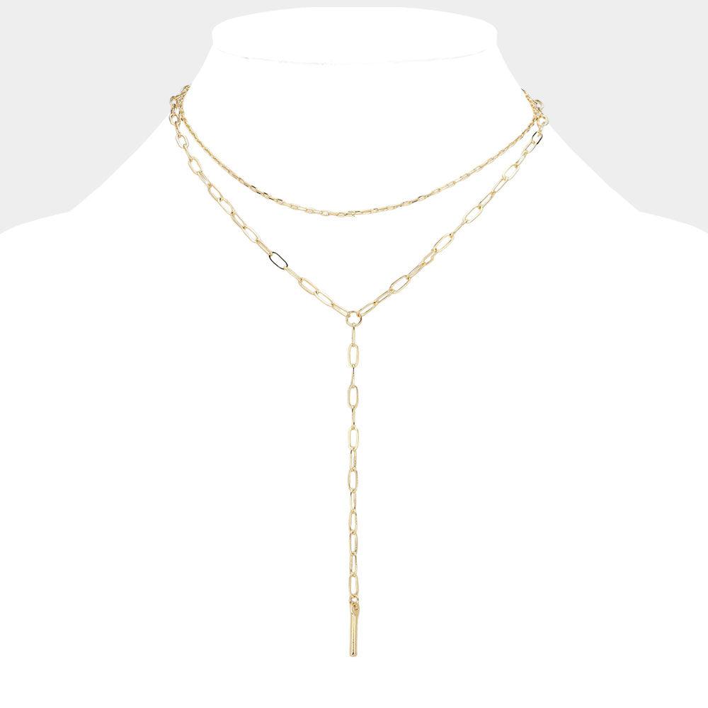 Gold Metal Bar Tip Paper Clip Chain Y Shape Double Layered Necklace