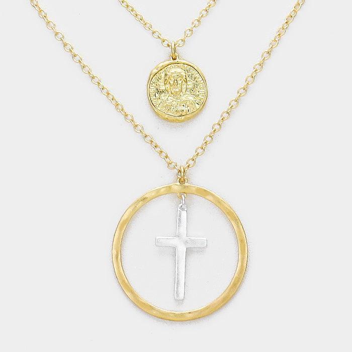 Silver Layered Jesus Metal Disc Cross Bib Necklace - Jewelry Store by Erik Rayo