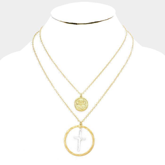 Silver Layered Jesus Metal Disc Cross Bib Necklace - Jewelry Store by Erik Rayo