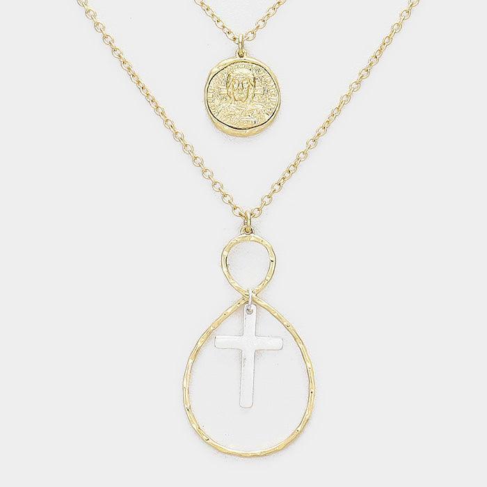 Silver Layered Jesus Metal Disc Cross Bib Necklace - Jewelry Store by Erik Rayo
