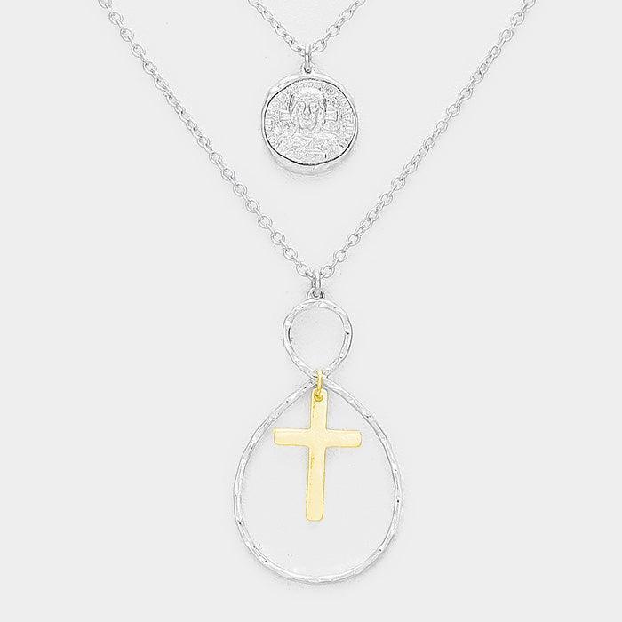 Silver Layered Jesus Metal Disc Cross Bib Necklace - Jewelry Store by Erik Rayo