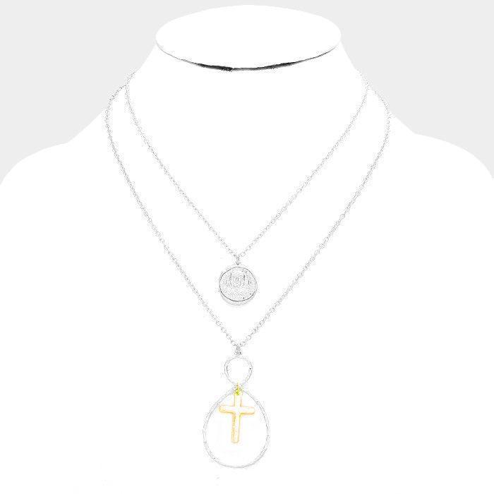 Silver Layered Jesus Metal Disc Cross Bib Necklace - Jewelry Store by Erik Rayo