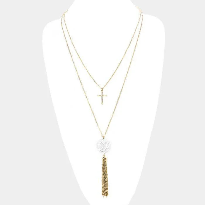Gold Double Layered Metal Cross Jesus Disc Drop Chain Tassel Necklace - Jewelry Store by Erik Rayo