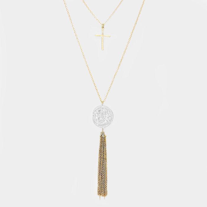 Gold Double Layered Metal Cross Jesus Disc Drop Chain Tassel Necklace - Jewelry Store by Erik Rayo