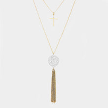 Load image into Gallery viewer, Gold Double Layered Metal Cross Jesus Disc Drop Chain Tassel Necklace
