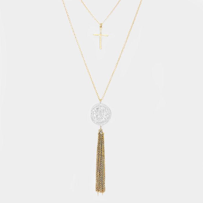 Gold Double Layered Metal Cross Jesus Disc Drop Chain Tassel Necklace