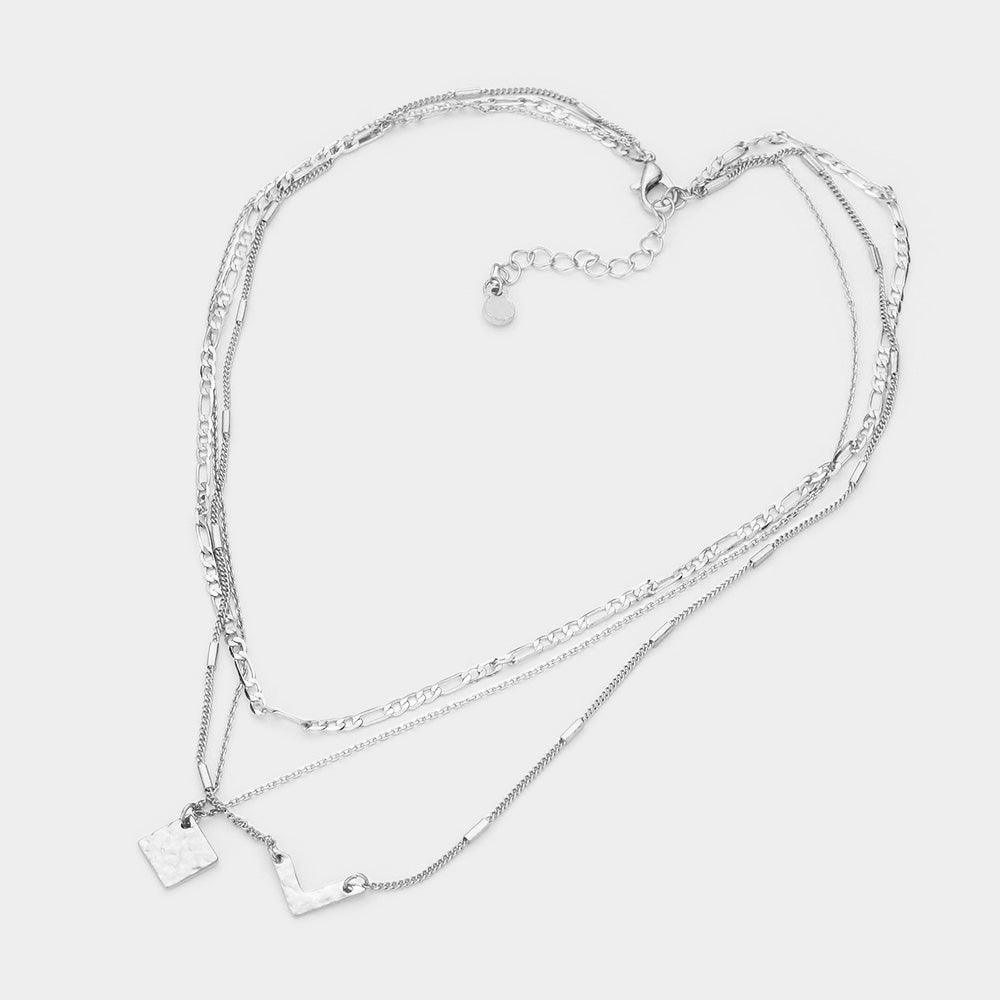 Silver Metal Square Chevron Pendant Triple Layered Necklace - Jewelry Store by Erik Rayo