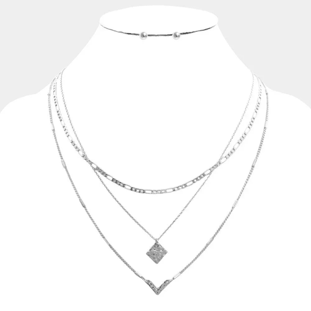 Silver Metal Square Chevron Pendant Triple Layered Necklace - Jewelry Store by Erik Rayo