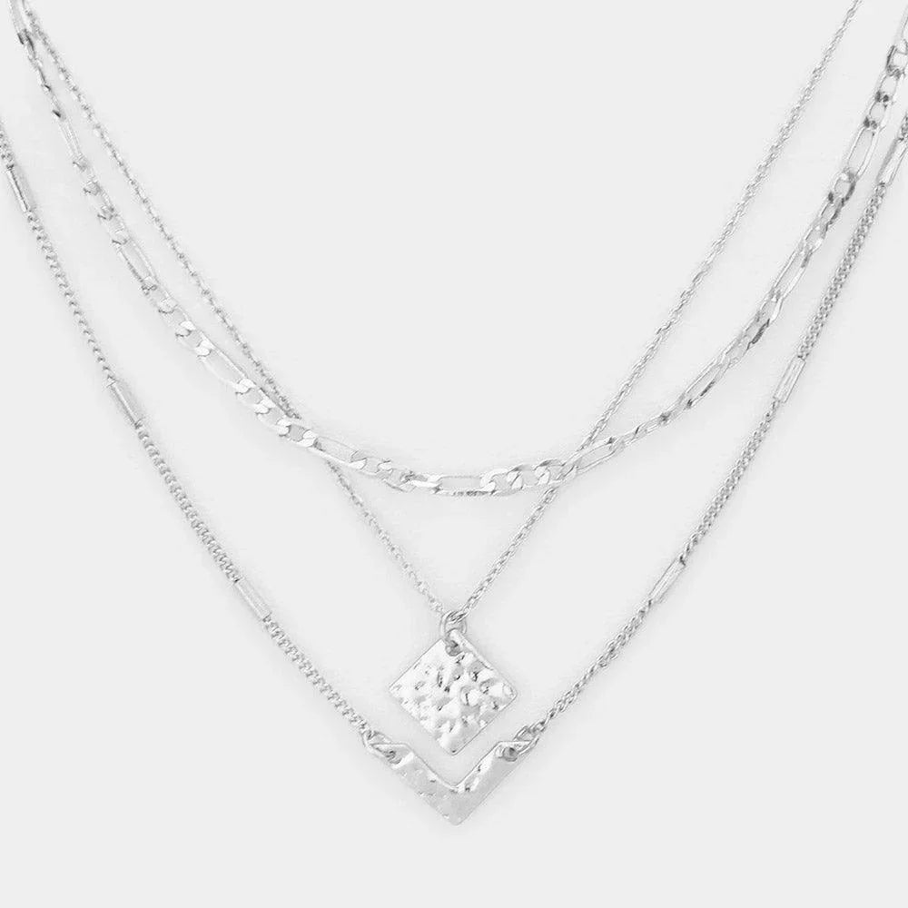 Silver Metal Square Chevron Pendant Triple Layered Necklace - Jewelry Store by Erik Rayo