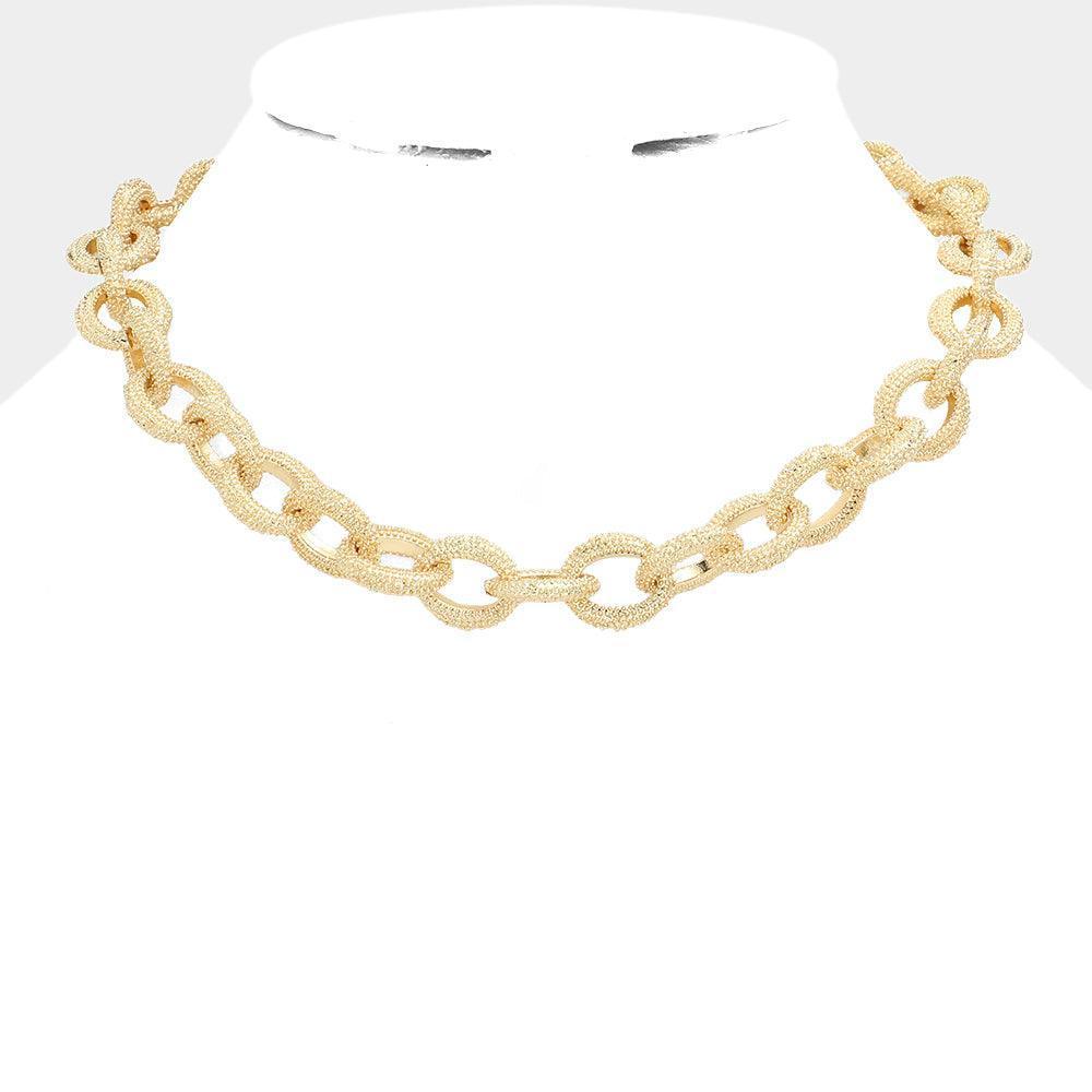 Gold Textured Open Metal Oval Link Collar Necklace - Jewelry Store by Erik Rayo