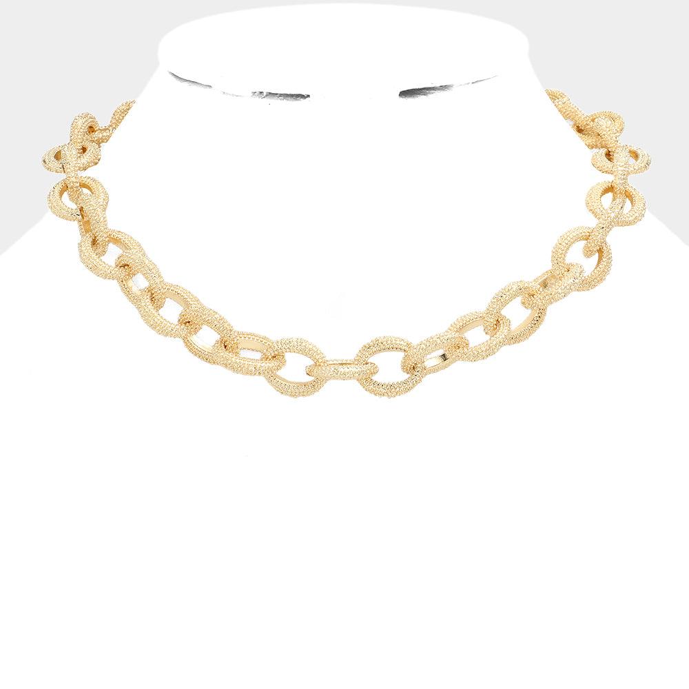 Gold Textured Open Metal Oval Link Collar Necklace