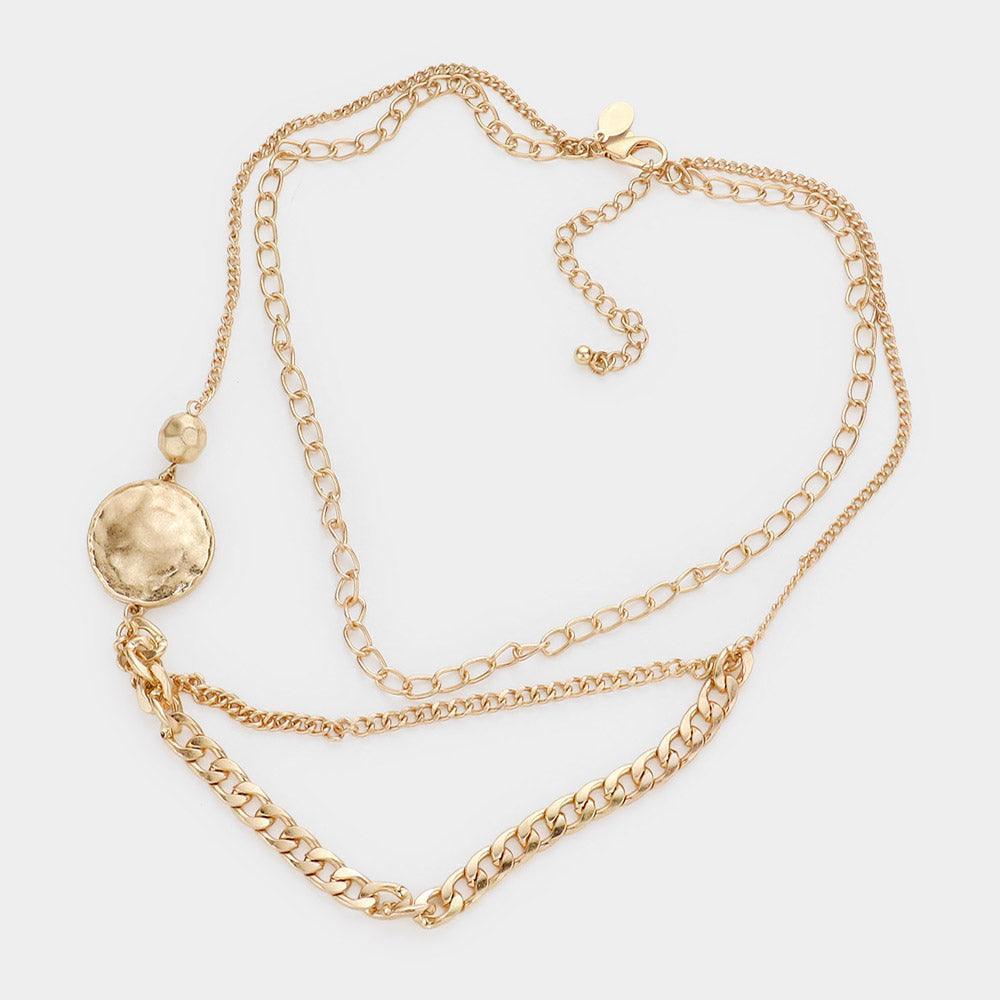 Gold Double Round Metal Accented Triple Layered Bib Necklace - Jewelry Store by Erik Rayo