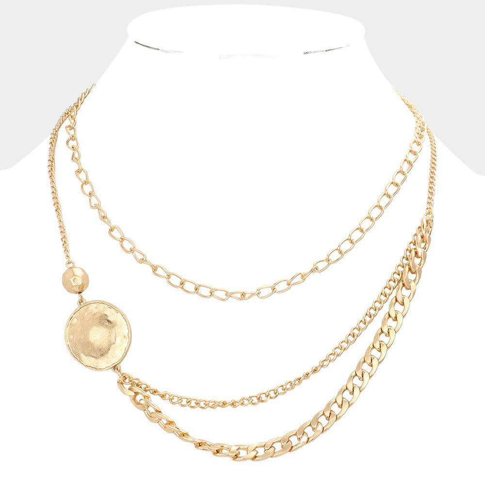 Gold Double Round Metal Accented Triple Layered Bib Necklace - Jewelry Store by Erik Rayo