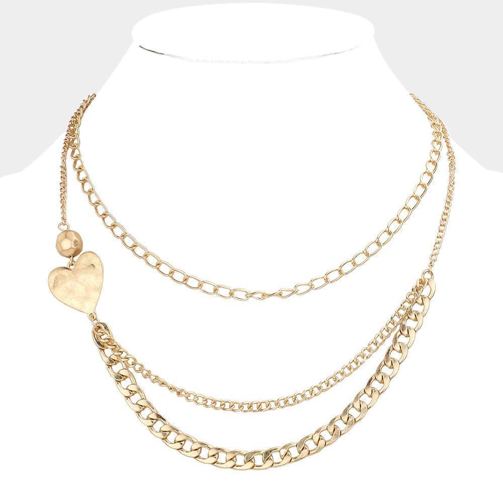 Gold Metal Ball Heart Accented Metal Chain Bib Necklace - Jewelry Store by Erik Rayo