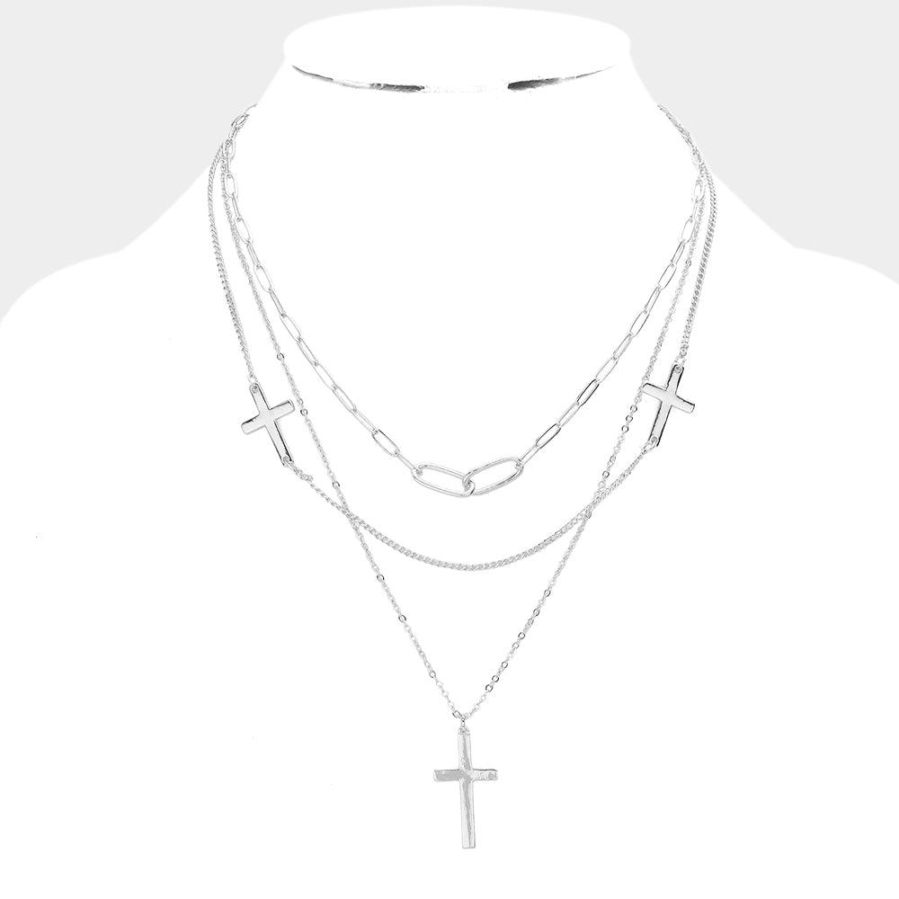 Cross Pendant Triple Layered Necklace