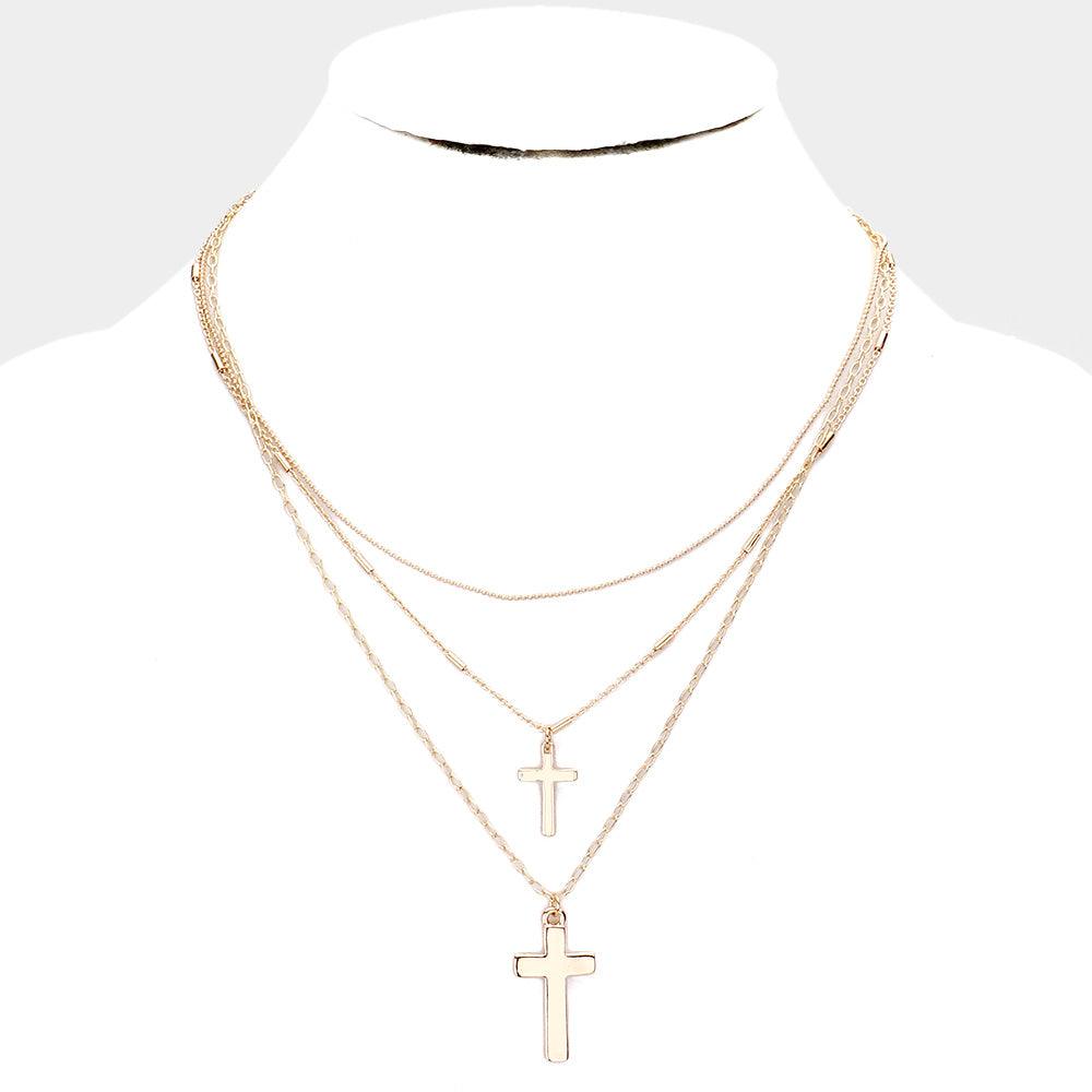 Gold Metal Cross Pendant Layered Necklace