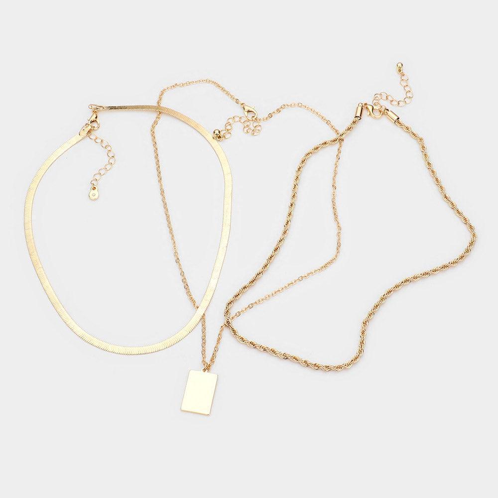 Gold 3 Piece Rectangle Pendant Metal Chain Necklaces - Jewelry Store by Erik Rayo