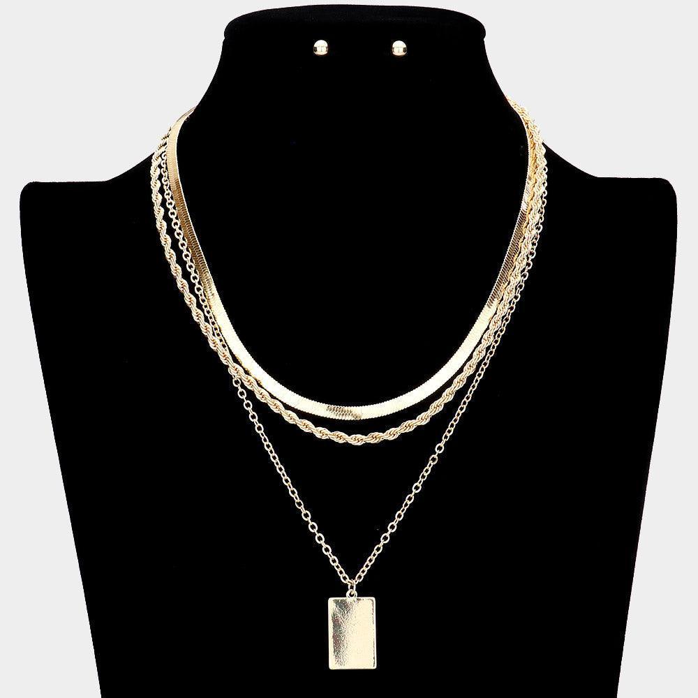 Gold 3 Piece Rectangle Pendant Metal Chain Necklaces - Jewelry Store by Erik Rayo