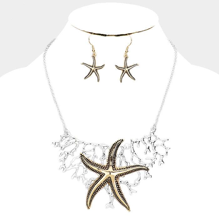 Silver Starfish Metal Coral Collar Necklace