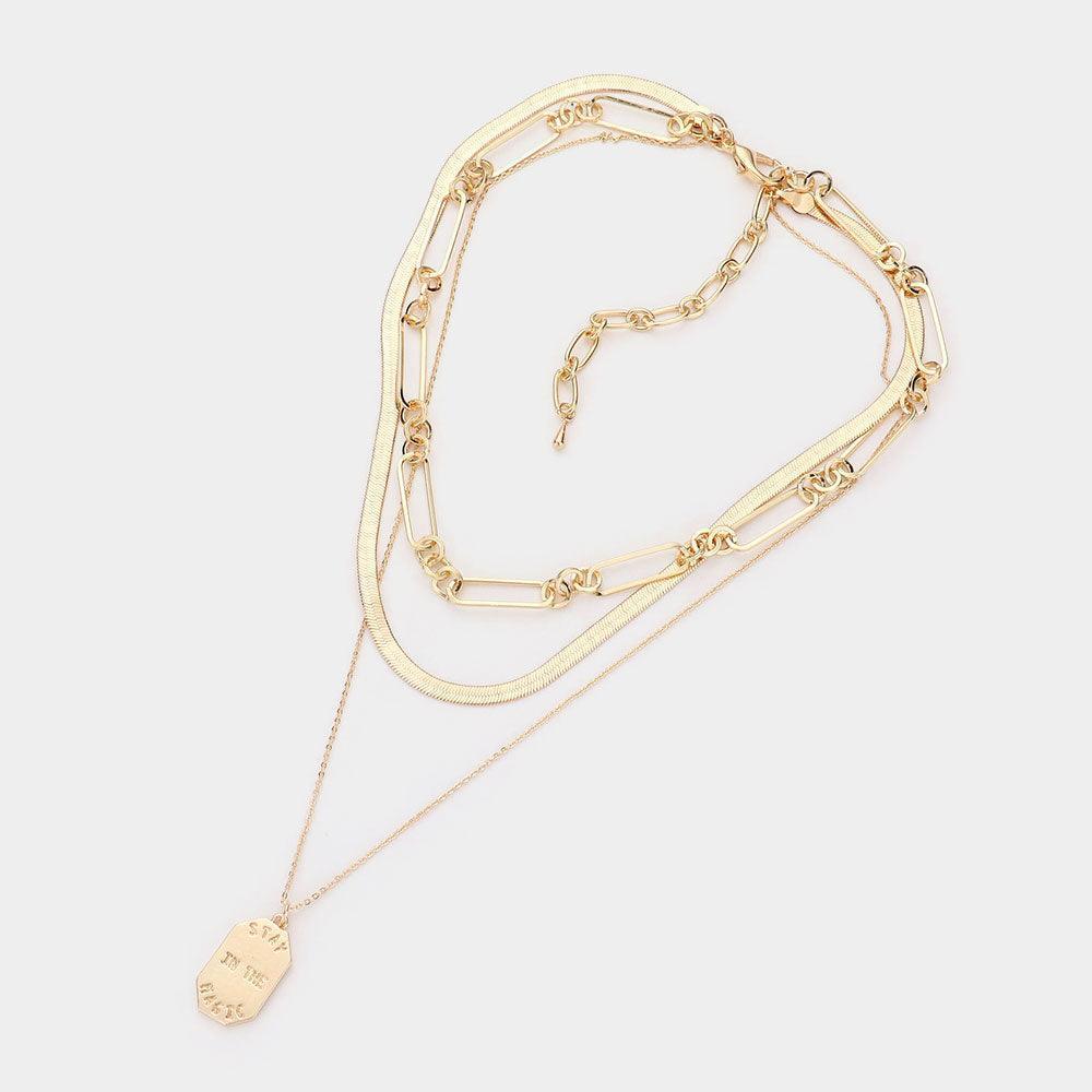 Gold STAY IN THE MAGIC Brass Metal Octagon Pendant Triple Layered Necklace - Jewelry Store by Erik Rayo
