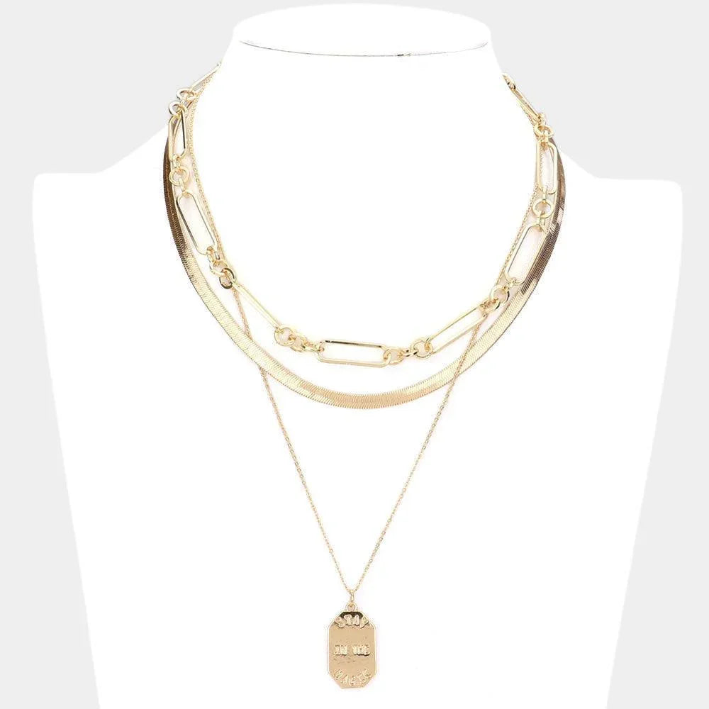 Gold STAY IN THE MAGIC Brass Metal Octagon Pendant Triple Layered Necklace - Jewelry Store by Erik Rayo