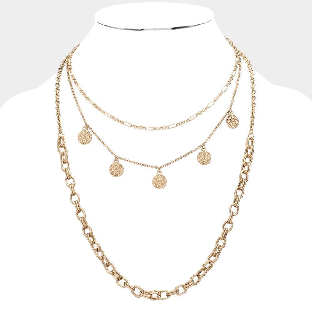 Gold Metal Disc Station Triple Layered Bib Necklace - Jewelry Store by Erik Rayo