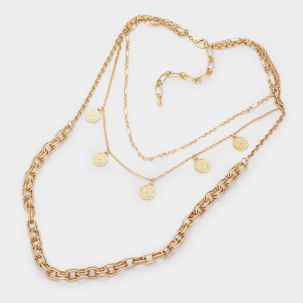 Gold Metal Disc Station Triple Layered Bib Necklace - Jewelry Store by Erik Rayo
