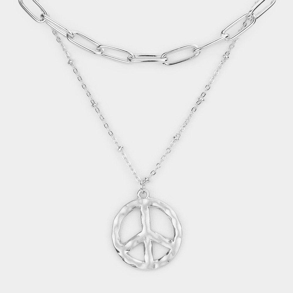 Silver Hammered Metal Peace Pendant Double Layered Necklace - Jewelry Store by Erik Rayo