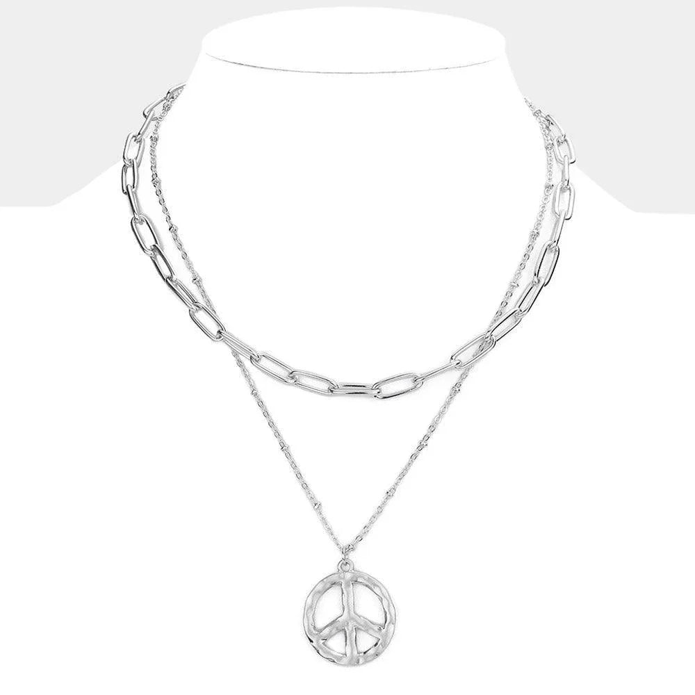Silver Hammered Metal Peace Pendant Double Layered Necklace - Jewelry Store by Erik Rayo