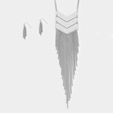 Load image into Gallery viewer, Hammered metal chevron bar &amp; fringe necklace
