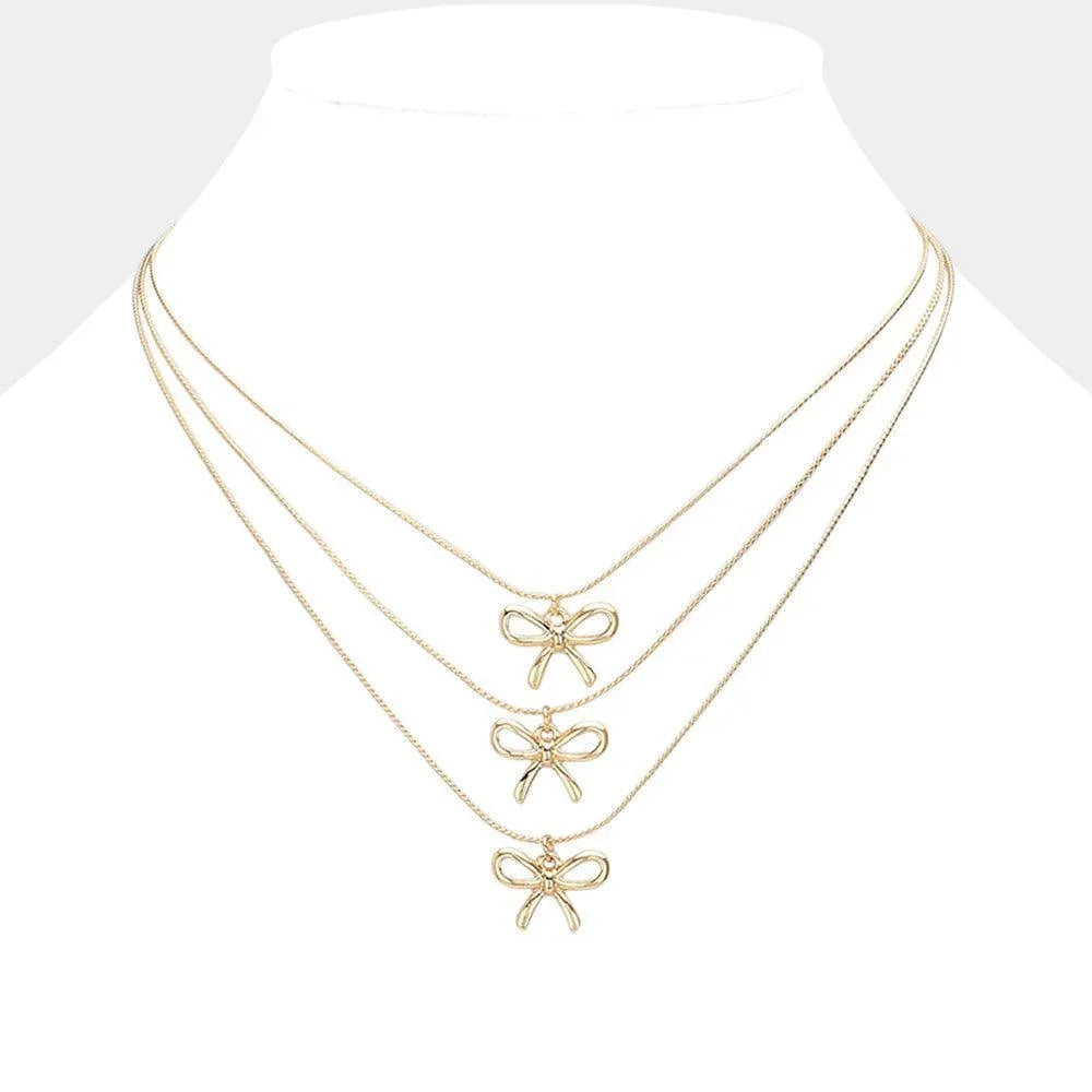 Gold Metal Bow Pendant Accented Triple Layered Necklace - Jewelry Store by Erik Rayo