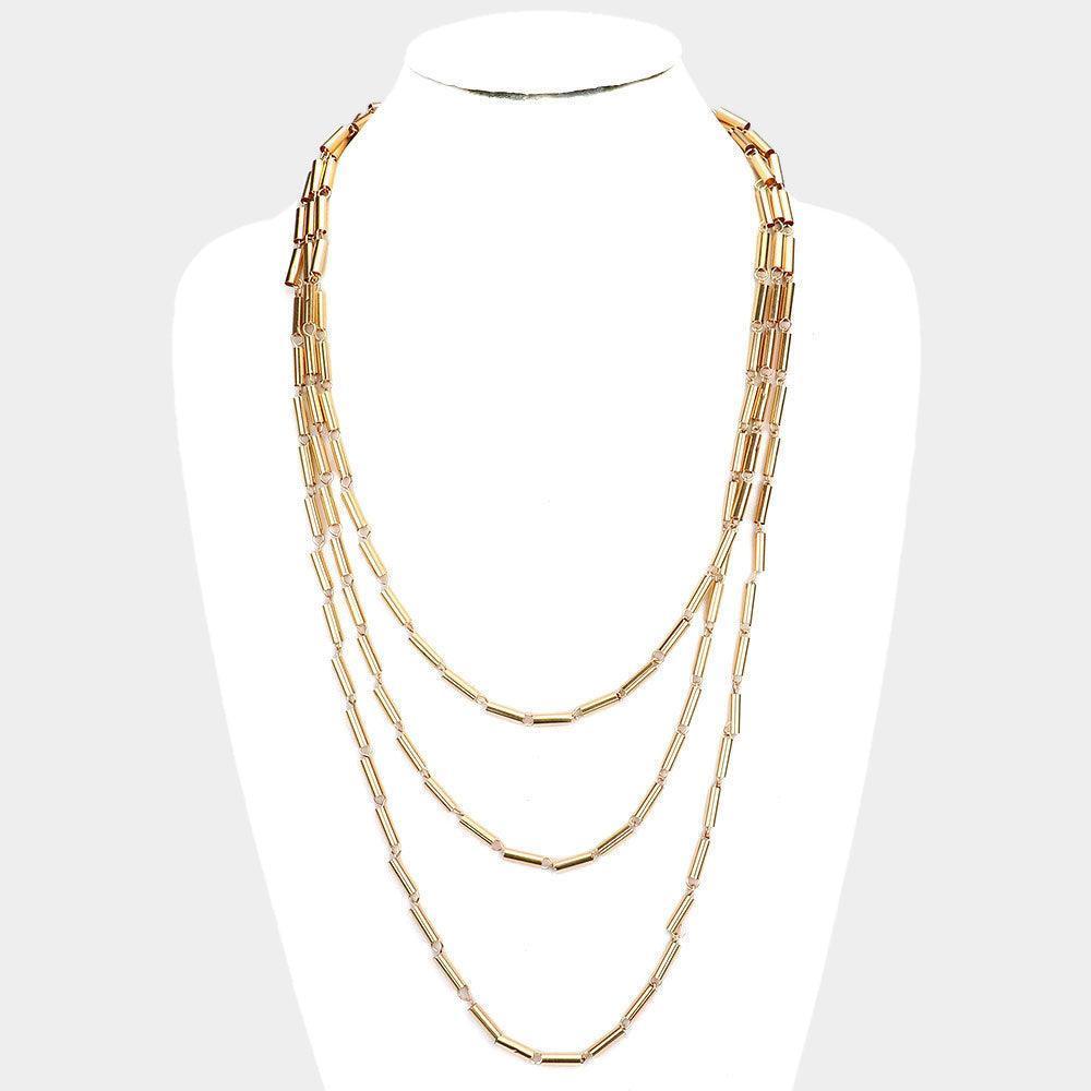 Gold Metal Cylinder Triple Layered Bib Necklace - Jewelry Store by Erik Rayo