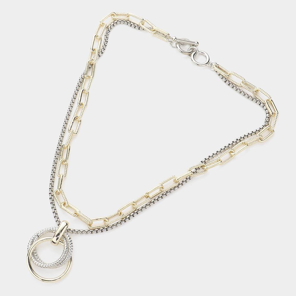 Two Tone Triple Open Metal Circle Link Pendant Double Layered Toggle Necklace - Jewelry Store by Erik Rayo