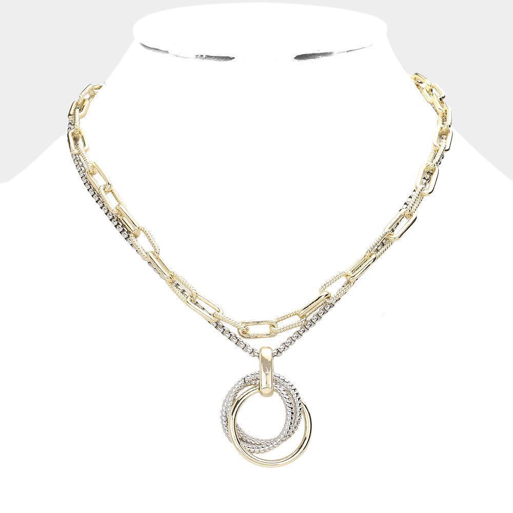 Two Tone Triple Open Metal Circle Link Pendant Double Layered Toggle Necklace - Jewelry Store by Erik Rayo