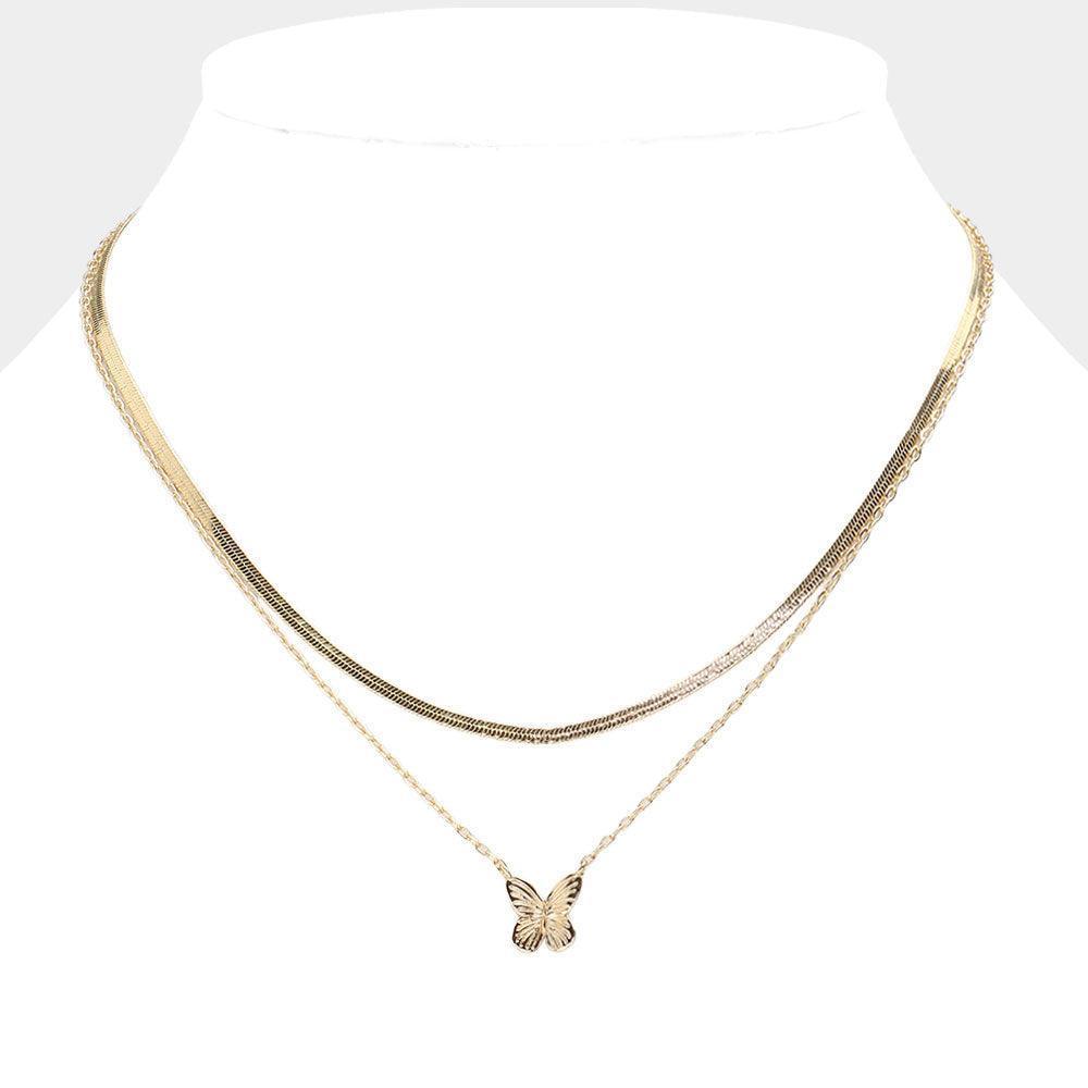Gold Metal Butterfly Pendant Pointed Double Layered Necklace - Jewelry Store by Erik Rayo